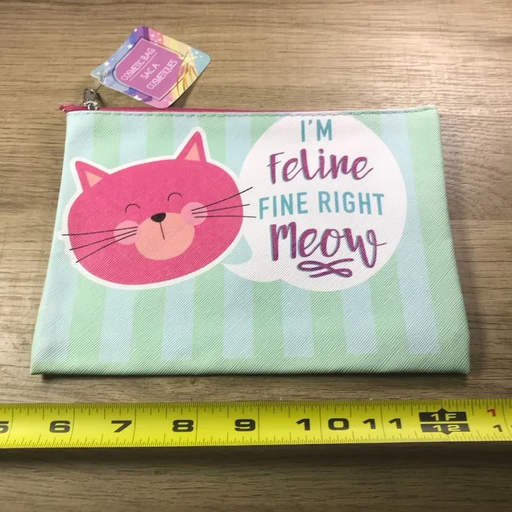 Playful Cat Pouch with Pink and Green Design Makeup Bag
